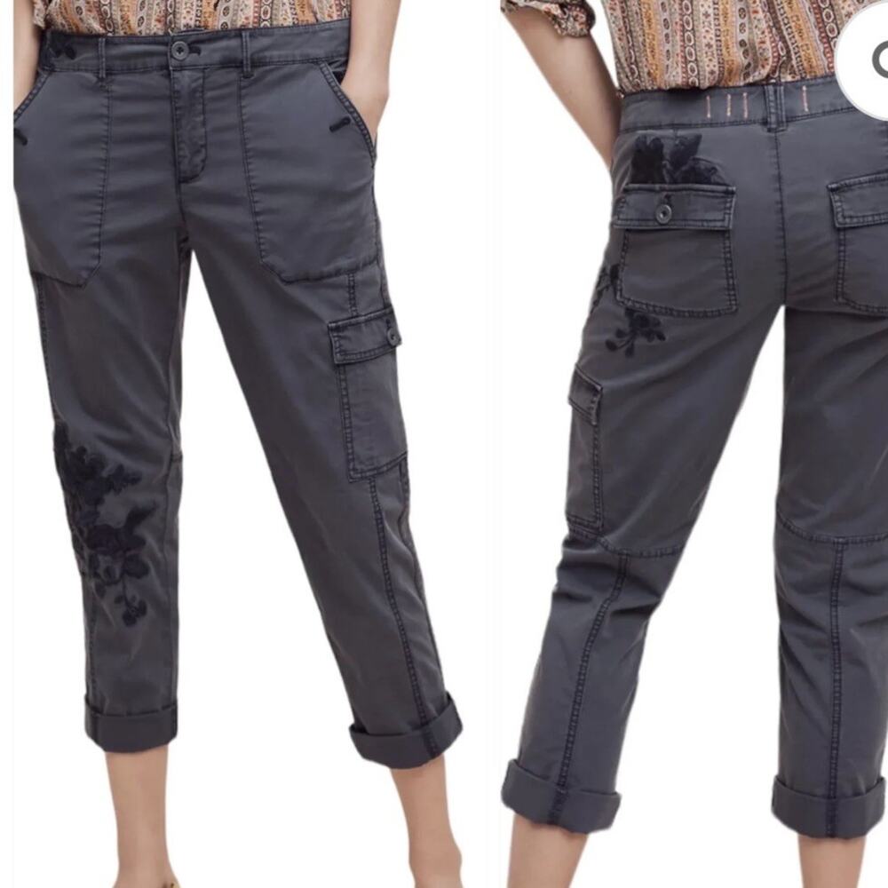 Anthropologie Gray Cropped Cargo Pants with Embroidered Detail